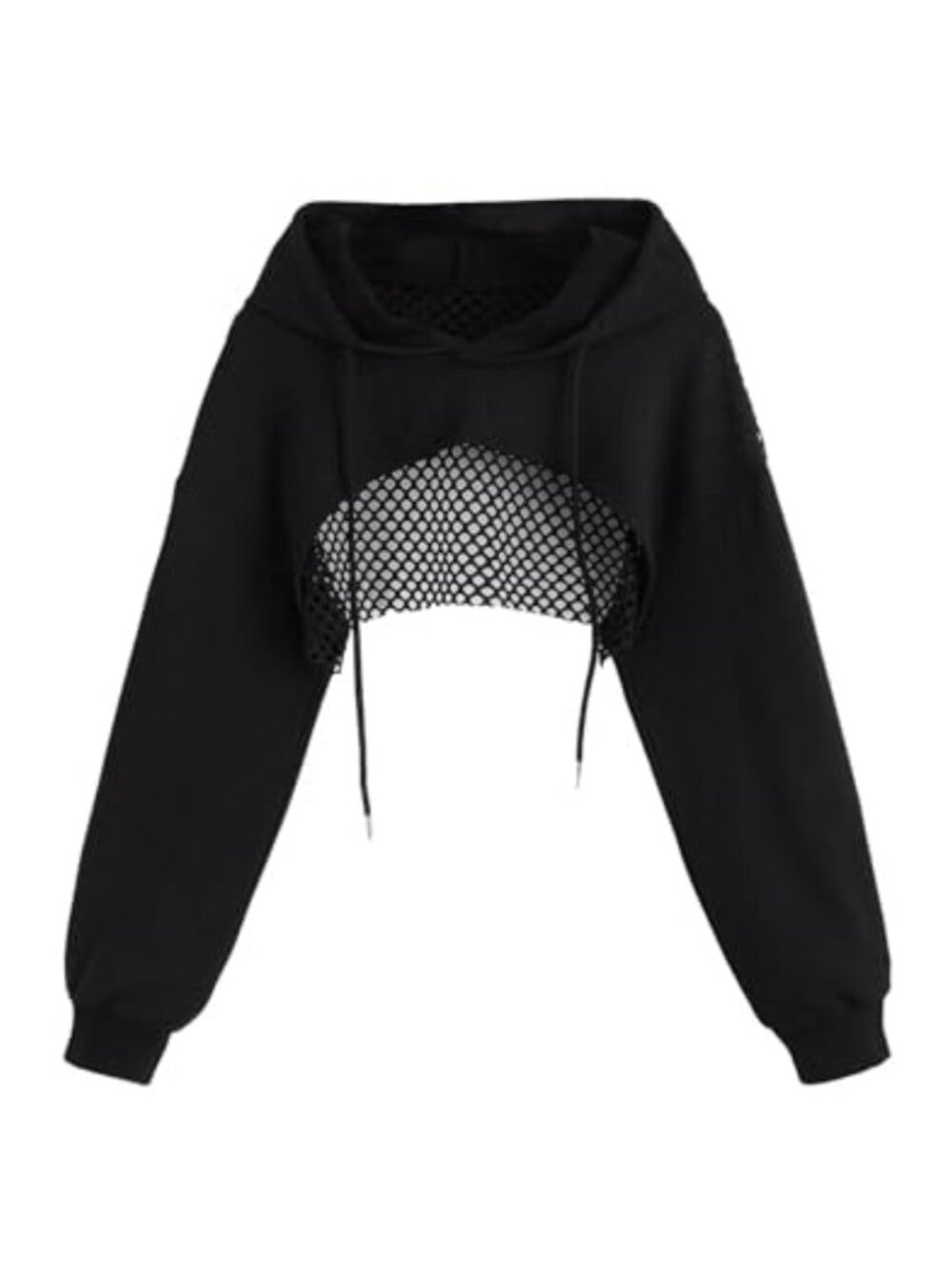 Cropped Hoodie Hollow Out Fishnet Sweatshirt Pullover Top